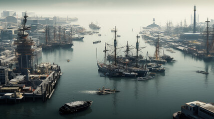 An image of a busy harbor with many ships and boats in the water - obrazy, fototapety, plakaty
