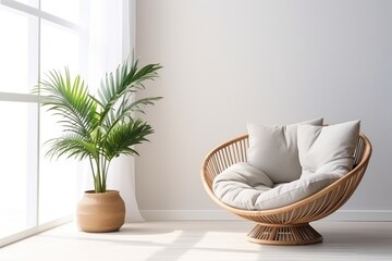A cozy place near the window. Papasan chair. Modern minimalist room design.
