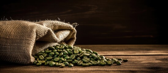 Green coffee beans in burlap bag on wooden surface center of frame