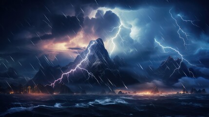 Night sea dramatic landscape with a storm. Night storm on the ocean. Gloomy giant waves and lightning. Dark cloudy sky above the water - obrazy, fototapety, plakaty