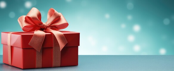 Red gift box with red bow on blue background. 3d rendering