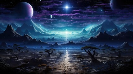 Fantasy landscape with mountains and alien planet. 3D illustration.
