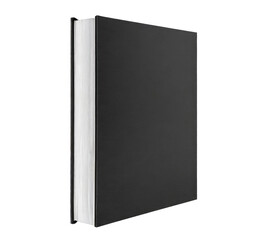 Blank vertical book cover template with pages in front side standing on black surface Perspective view.