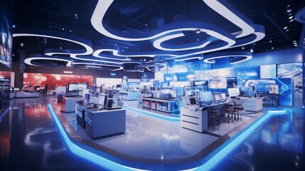 A tech gadget emporium gleaming with sterile whites and blues, iPads for customer service, and a wall of television screens displaying vivid imagery. - obrazy, fototapety, plakaty
