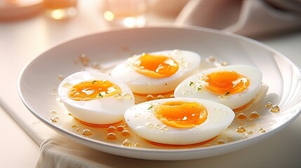  a white plate topped with hard boiled eggs on top of a white table cloth next to a bottle of wine.  generative ai