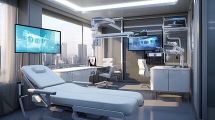 A telemedicine room equipped with large screens, high-definition cameras, and ergonomic furniture for remote consultations.