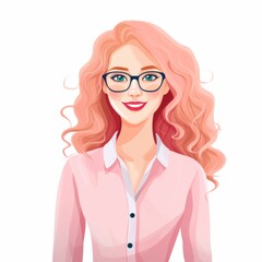Smiling Teen White Woman with Pink Straight Hair Flat Illustration. Portrait of Business Character on white background. Business Person in Casual Clothes. Ai Generated Square Cartoon Illustration.