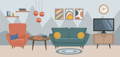 Living room interior with sofa, paintings, coffee table, armchair, TV. Living room. Home furniture. Vector illustration in flat style