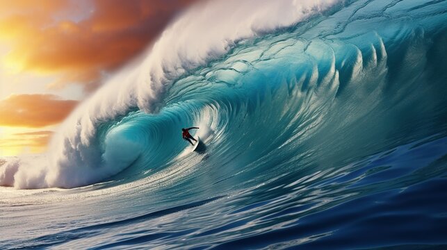 Professional surfer athlete in action on huge waves, AI generated image