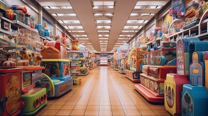 A toy store brimming with brightly colored playthings, stuffed animals, and towering shelves of board games.