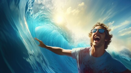 Professional surfer athlete in action on huge waves, AI generated image - obrazy, fototapety, plakaty