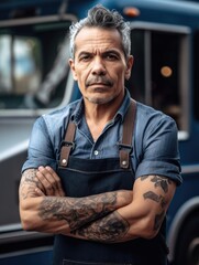 Man with tattoos standing in front of a food truck.