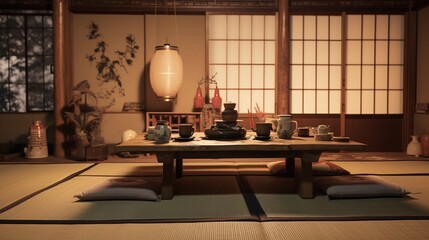 A traditional Japanese tea room adorned with tatami mats, a low table, and intricate tea ceremony utensils. - obrazy, fototapety, plakaty