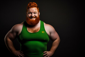 Fototapeta na wymiar Irish redhead in green tank top, friendly and inviting, hands on hips.