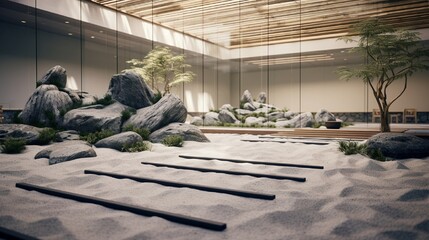 A tranquil Zen garden, enclosed within a modern office building, complete with raked gravel and ornamental rocks. - obrazy, fototapety, plakaty