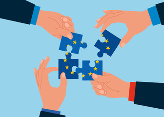 Connecting puzzle elements flag of European Union. Teamwork concept. Vector illustration