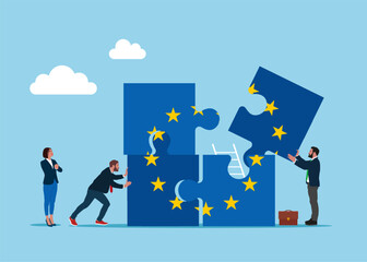 Business people connecting puzzle elements flag of European Union. Flat vector illustration © Vadym