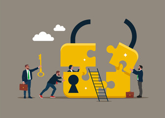 People connecting puzzle elements lock with unlock keyhole. Open to investment opportunities. Flat vector illustration - obrazy, fototapety, plakaty