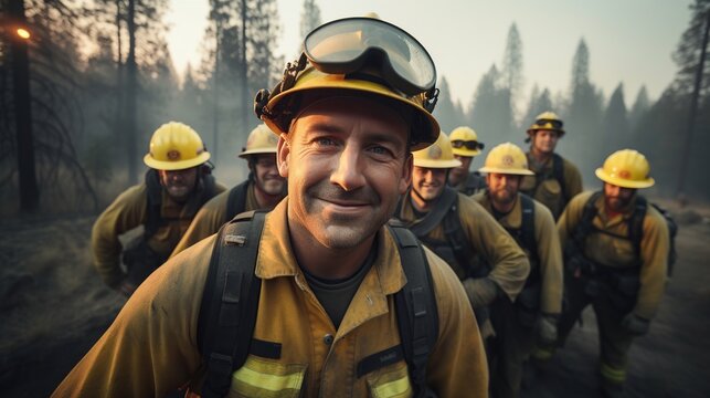 Firefighters take a group photo after extinguishing a forest fire. AI generated image