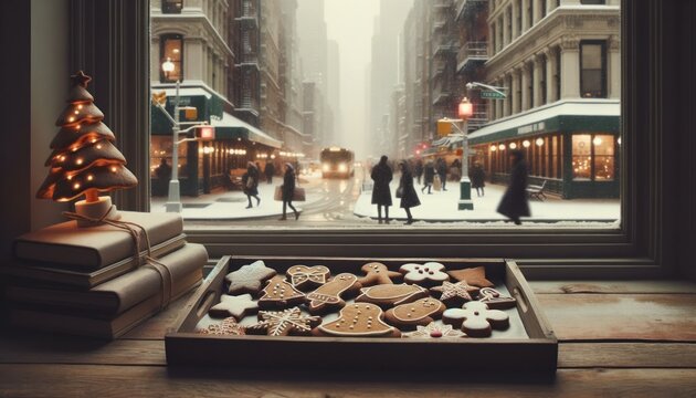 Muted color photograph of gingerbread cookies in various shapes, placed delicately on a rustic wooden tray by a window. Outside, the snowy streets of New York glisten under the glow of streetlights.