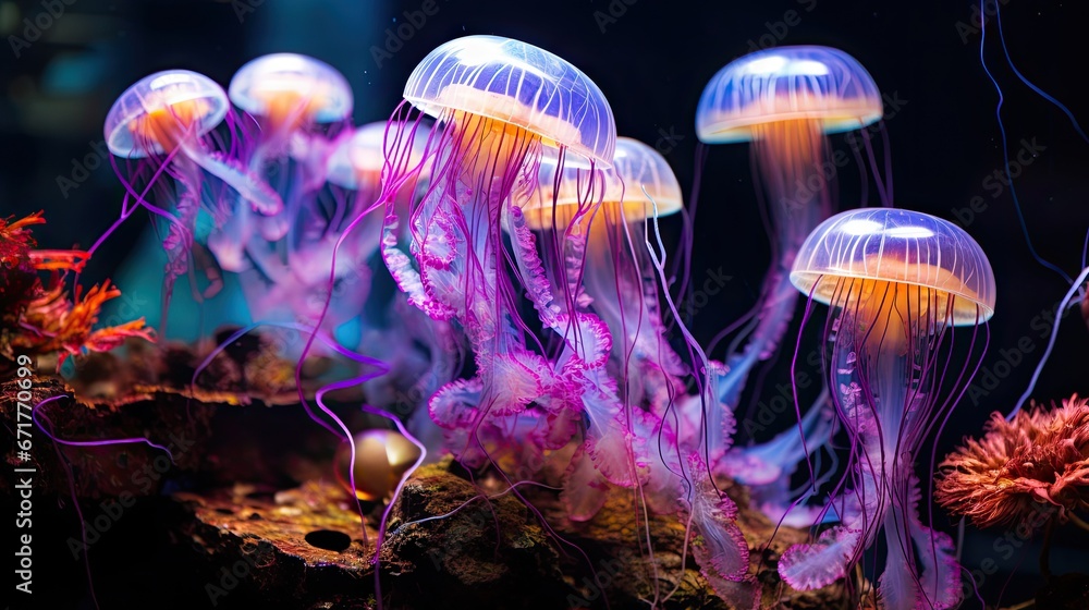 Poster a group of jellyfish in an aquarium with purple and orange colors on the bottom of their heads and b