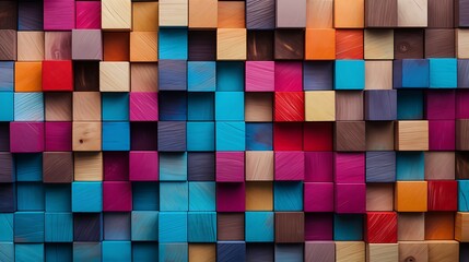 Colorful wooden blocks aligned. Wide format. Hand edited generative