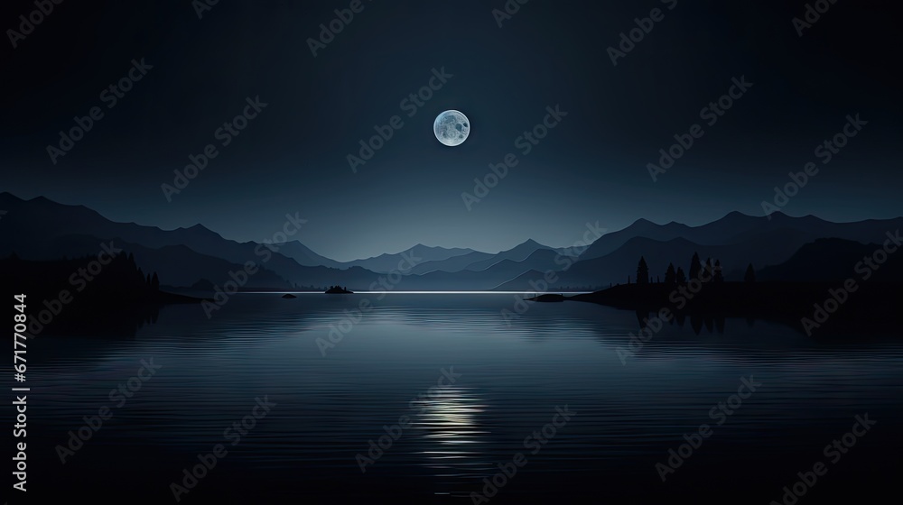 Canvas Prints  a night scene with a full moon over a mountain range and a body of water with a boat in the foreground.  generative ai