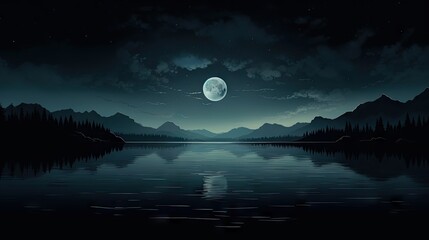  a night scene with a full moon over a mountain lake and a full moon in the sky above the water.  generative ai