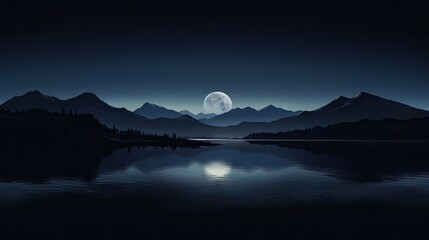 a full moon rising over a mountain range with a lake in the foreground and trees in the foreground.  generative ai