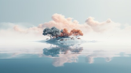  a small island in the middle of a body of water with a few trees in the middle of the water.  generative ai