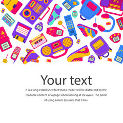 Retro pop pattern culture from 90s.Portable videogame console. Cassette audio player headphones. Radio cassette tape recorder.Old mobile phone.Boombox tapes record.Cartoon 90s pop-art