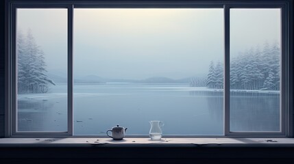  a window with a view of a snowy lake and a teapot on a table with a cup of coffee.  generative ai