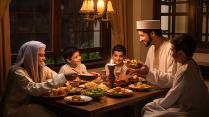 Muslim family at the dining table during ramadan