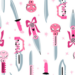 Seamless pattern with Pink Combat Knife Set. Collection of knives with roses, rhinestones and precious stones in women’s style. Vector illustration.