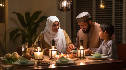 Muslim family at the dining table during ramadan - obrazy, fototapety, plakaty