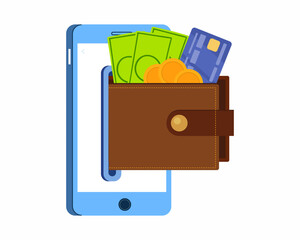 Money transfer with digital wallet Mobile phone with banking app purse with cash coin credit card