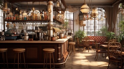 Fototapeta premium A vintage-themed caf?(C) brimming with antiquated furniture, hanging Edison bulbs, and a retro espresso machine.