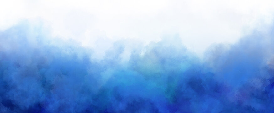 Abstract blue watercolor background painting, dark blue abstract ocean waves and spray in painted texture with soft blurred white fog or haze