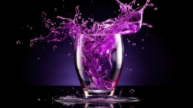 Transparent purple water splashes out of glass on black background. AI generated image