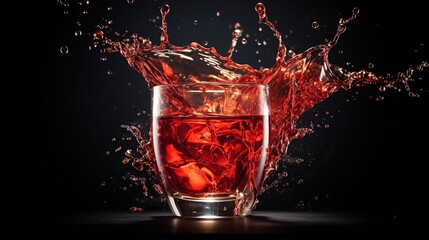 Transparent red water splashes out of glass on black background. AI generated image