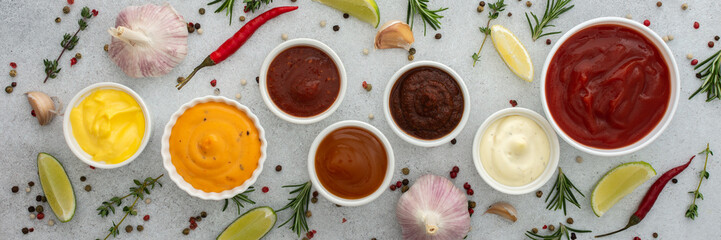 Different types of sauces in bowls with seasonings banner, rosemary and pepper, thyme and garlic,...