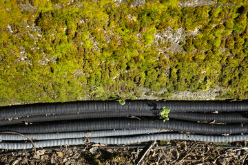 corrugated electrical wiring tube. Network cables in black corrugated pipe are buried underground...