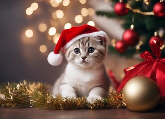 Fototapeta na wymiar A Scottish fold kitten in a Santa Claus hat and a bow on his neck sits under the New Year's tree among New Year's gifts