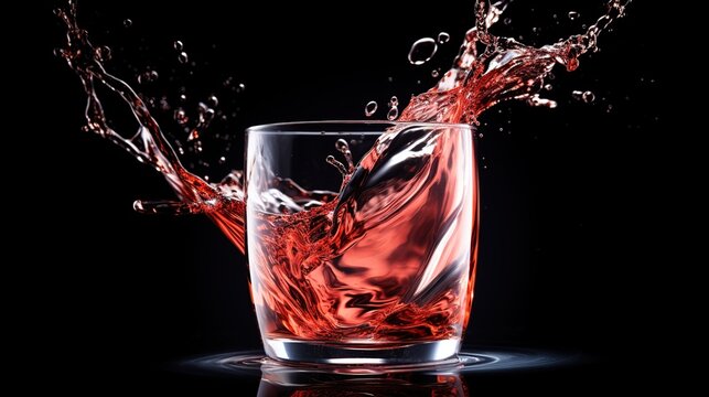 Transparent red water splashes out of glass on black background. AI generated image