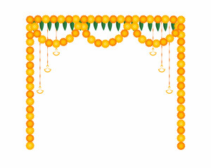 Happy Diwali Celebration with Traditional Indian floral garland with marigold flowers mango leaves and hanging diya