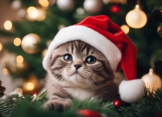A Scottish fold kitten in a Santa Claus hat and a bow on his neck sits under the New Year's tree among New Year's gifts