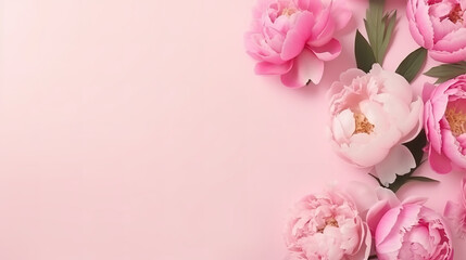 Blooming flowers spring banner - Pink peonies (paeonia), isolated on pastel pink background, top view