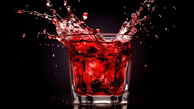 Transparent red water splashes out of glass on black background. AI generated image