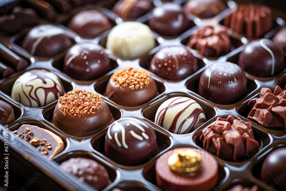Poster assorted chocolates on a dark background.