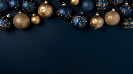 
Christmas advent celebration holiday background banner panorama greeting card - Border ornament gold and blue christmas baubles balls on blue texture